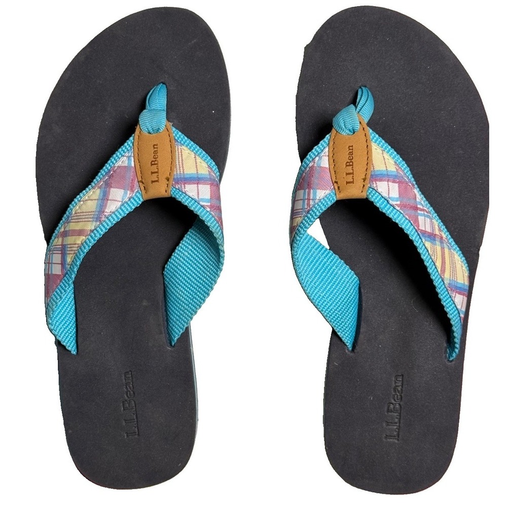 LL Bean Maine Isle Flip Flops Womens 8 Blue Water Hibiscus Sandals Gorpcore
